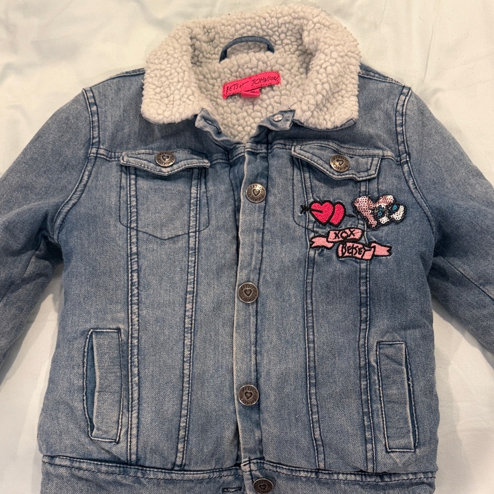 Betsey Johnson Denim Jacket with Pink Accents and White Sherpa